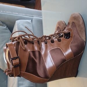 Barbara Bui Lace Up Leather Suede And Satin Heeled Booties Size 38